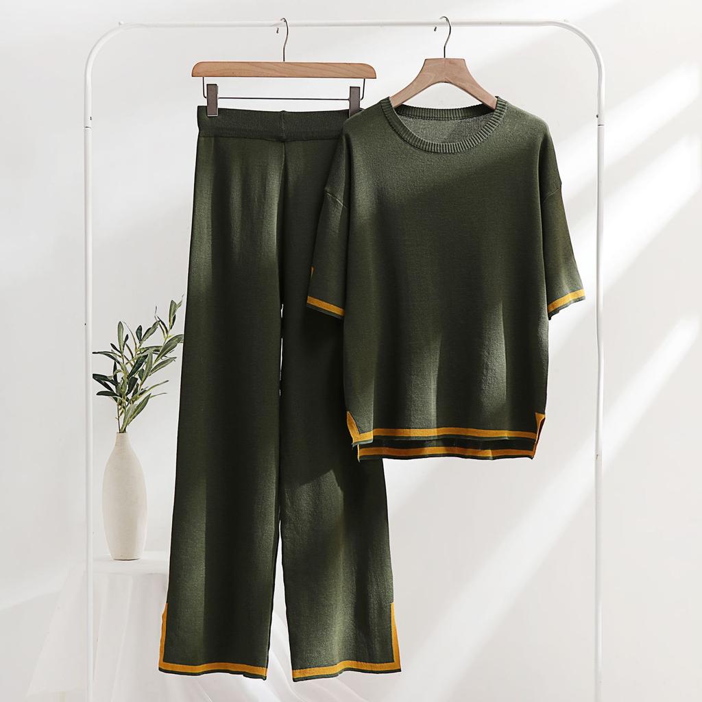 Ice Silk Knitted Suit Women's Suit Spring and Summer Two-piece Set Short-sleeved Splicing Casual and Thin Fashion