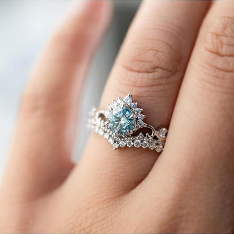 1Pc Fashion Multifunctional Silver Sea Blue Synthetic Zircon Ring