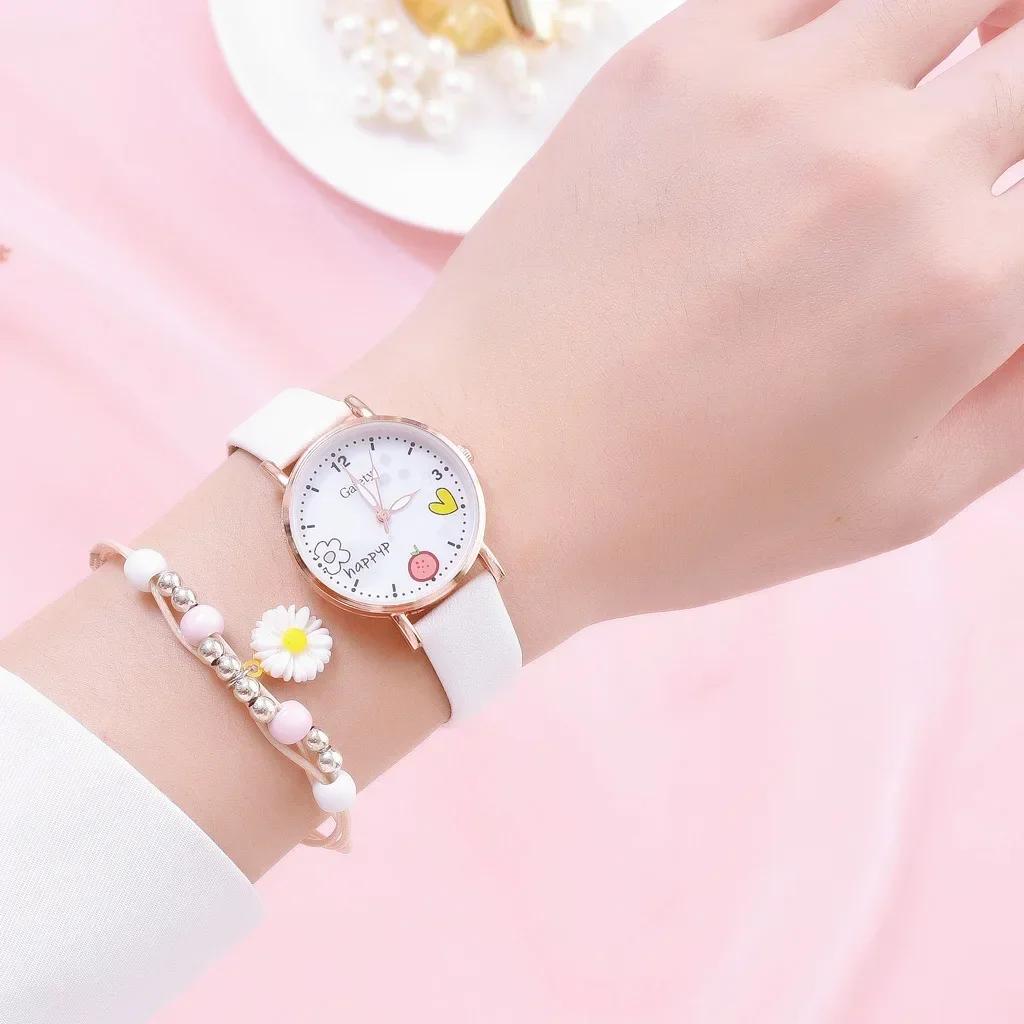 Kids Watches Pink Cute Children's Wristwatch Cartoon Pattern Quartz Watch Set for Girls Fashion Students' Clock