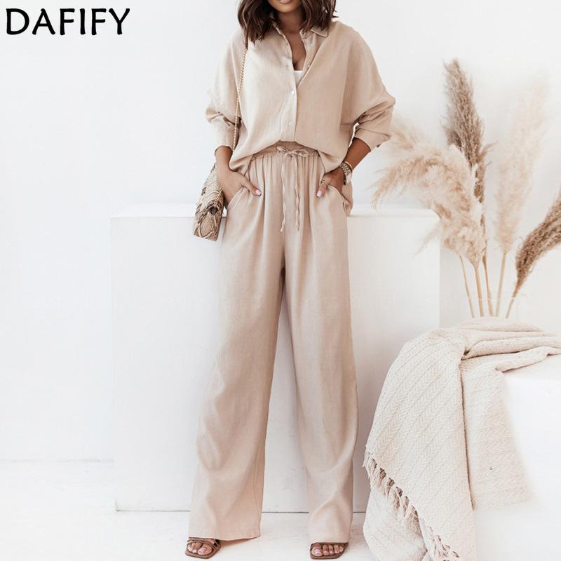 DAFIFY Women's Fashion Casual Spring Fall Solid Color Print Long Sleeve POLO Neck Trousers Pants Suits