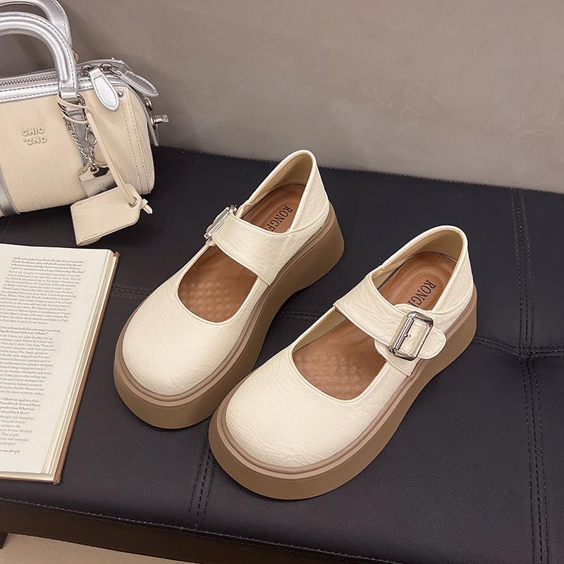 British style retro round head shallow mouth one-word single shoes spring new fashion increase height show long legs Mary Jane small leather shoes