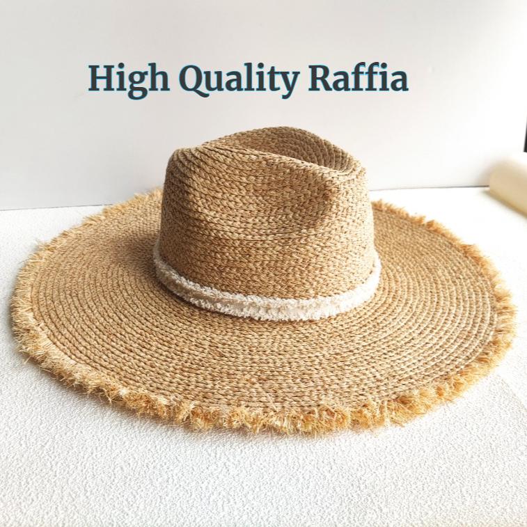 My Extreme Outdoor Activities Women's Quality Natural Raffia Straw Hat Classic Tassel Burrs Oversized Beach Hats Summer Wide Brim Sun Hats Jazz Top Panama Cap 56-58Cm