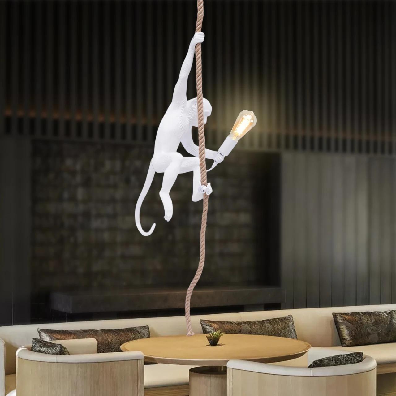 

Bymaocar White Vintage Resin Monkey Pendant Light, Vintage 8.2ft Long Hemp Rope Pendant Lamp Lighting Fixture E27 for Bar / Cafe белый