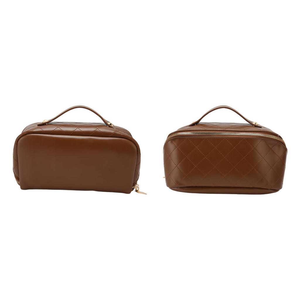 PU Leather Makeup Bag Large Opening Prevent Deformation Hardness Travel Cosmetic Bag with Handle for Cell Phone Brown