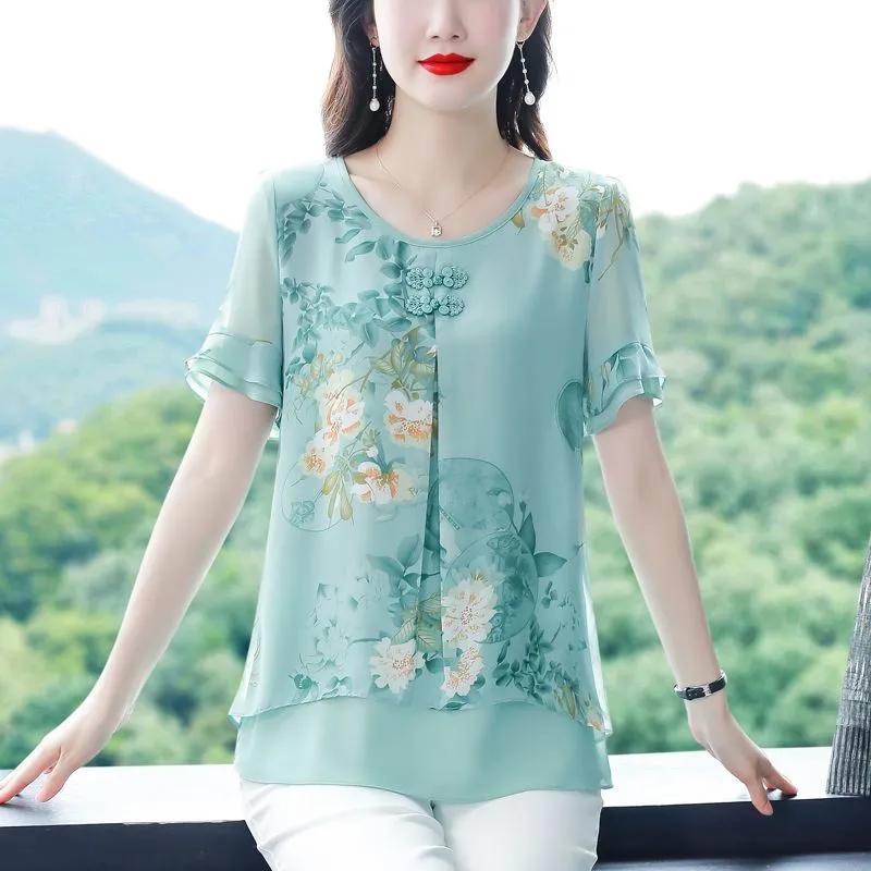 Women Summer Floral Print Chiffon Blouse For Middle Aged