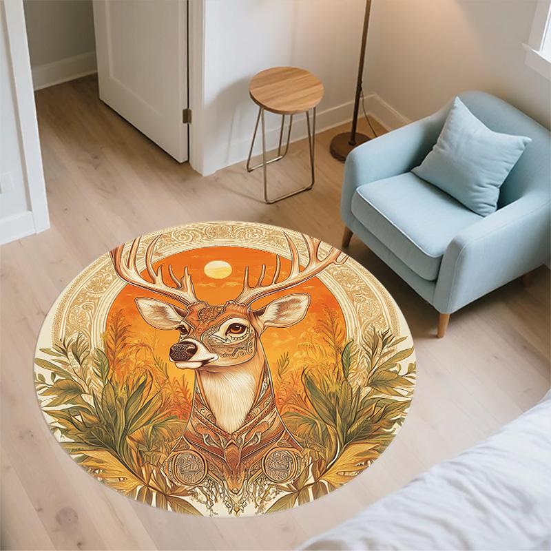 Vintage Sunset Deer Head,Round Area Rug,Carpet Rug for Living Room Bedroom Sofa Playroom Decor,Non-slip Floor Mat