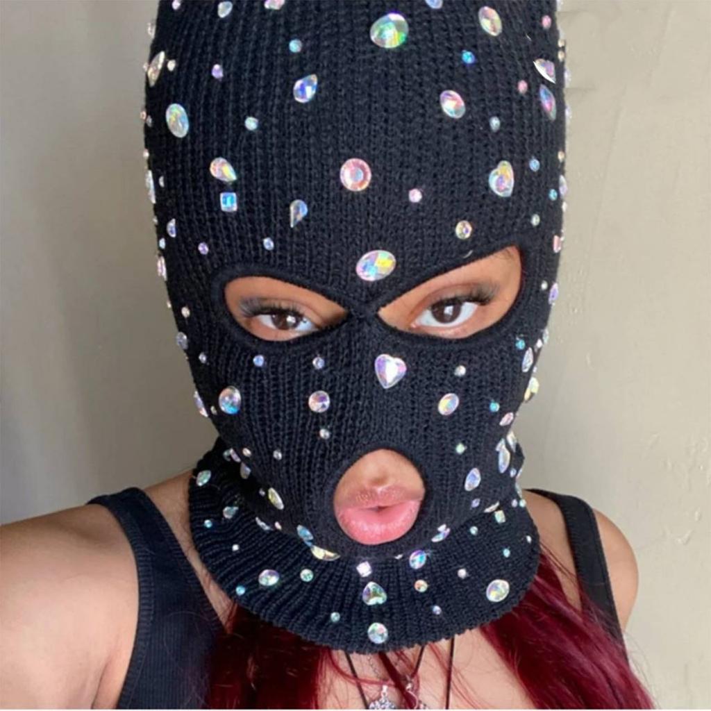 Balaclava Blingbling Face Cover Jeweled Hat Hooded Neck Warmer for Outdoor Halloween Cosplay Balaclava Cap