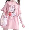 Summer Women Cute Lolita Pink T-Shirts Cartoon Strawberry Rabbit Print Tshirt Ruffles Short Sleeve Tops JK Girls Kawaii Tee Top