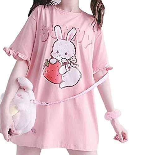 Summer Women Cute Lolita Pink T-Shirts Cartoon Strawberry Rabbit Print Tshirt Ruffles Short Sleeve Tops JK Girls Kawaii Tee Top