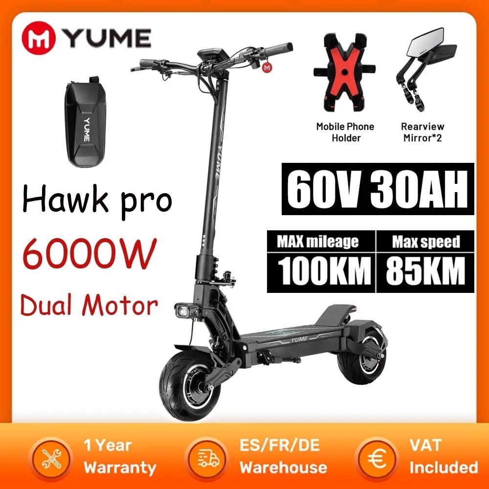YUME HAWK Pro elektritõukeratas 10x4,5-tollised ilma sisekummita maanteerehvid 3000W * 2 mootor 60V 30Ah aku Maksimaalne kiirus 80 km/h Maksimaalne sõiduulatus 97 km