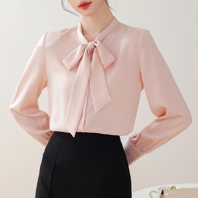 Women's Ash Blue Satin Long Sleeve Shirt - Retro Hong Kong Style, Spring Commute, Concealed Placket, Versatile Drapey Blouse