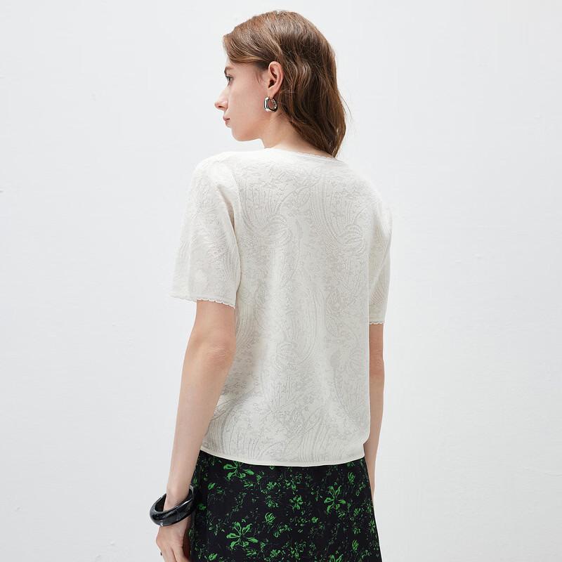 Women's Mulberry Silk Blend Jacquard Lace Trim Short Sleeve T-shirt