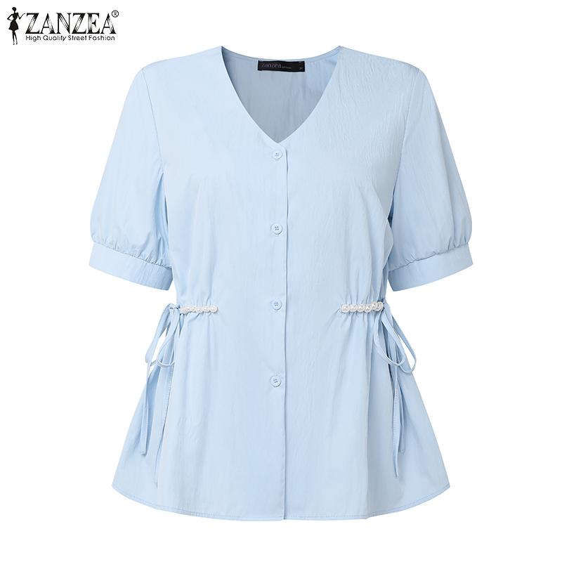 

ZANZEA Женская блузка с V-образным вырезом, рукавами-буфами, кулиской сбоку, бисером, оборками, повседневная 5XL синий