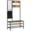 Hallway Coat Rack In Industrial Design, 1 Memo Board, 1 Shoe Bench, 8 Coat Hooks, 1 Storage Bag, Black + Brown