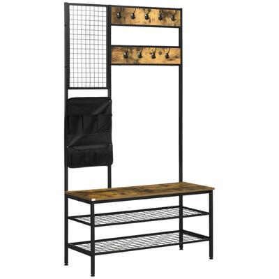Hallway Coat Rack In Industrial Design, 1 Memo Board, 1 Shoe Bench, 8 Coat Hooks, 1 Storage Bag, Black + Brown