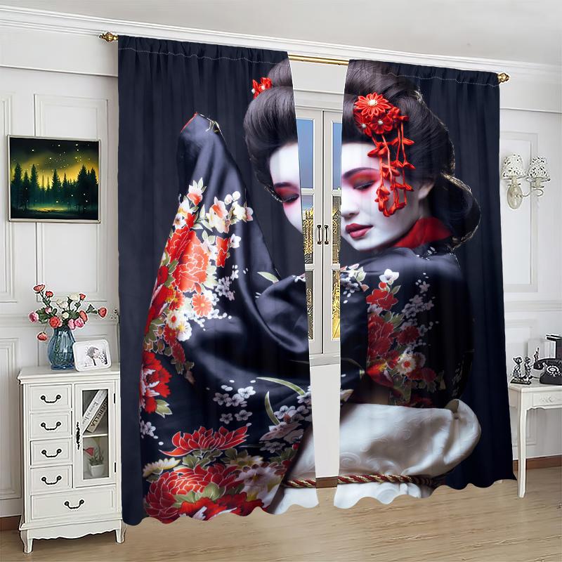 2Pcs- Women in Kimono - printed curtains, polyester material, bedroom curtains, living room decor, home decor