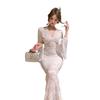 Red Slim Fit Long Sleeve Lace Dress - Spring/Summer Waist-Cinched Evening Gown with French Royal Elegance