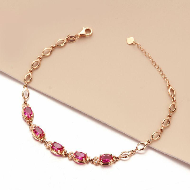 

585 Purple Gold Simple French Red Garnet Bracelet Premium Rose Gold Plated Red Stone Bracelet (17+3cm adjustment chain)