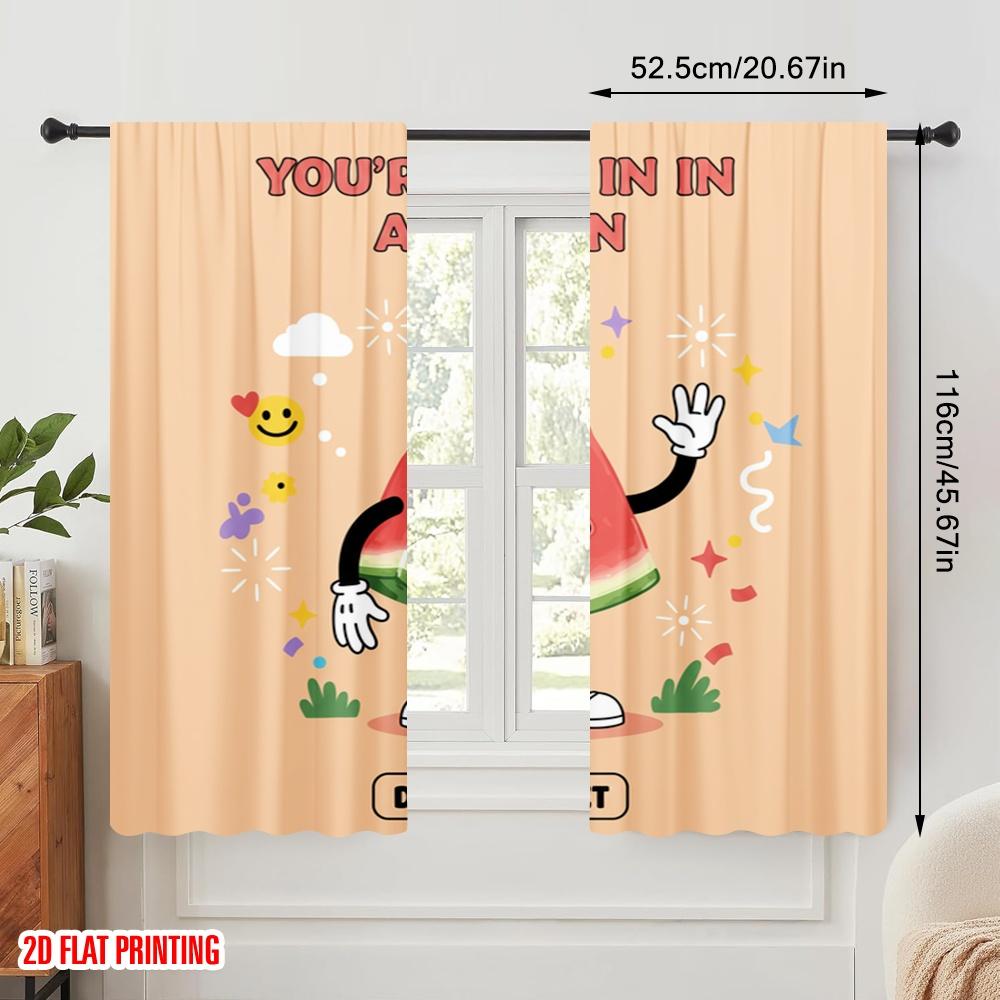 2pcs 2D flat printing Scene Curtains Melon Cute Funny Character 100% Polyester Without Electricity Birthday Party for Bedroom
