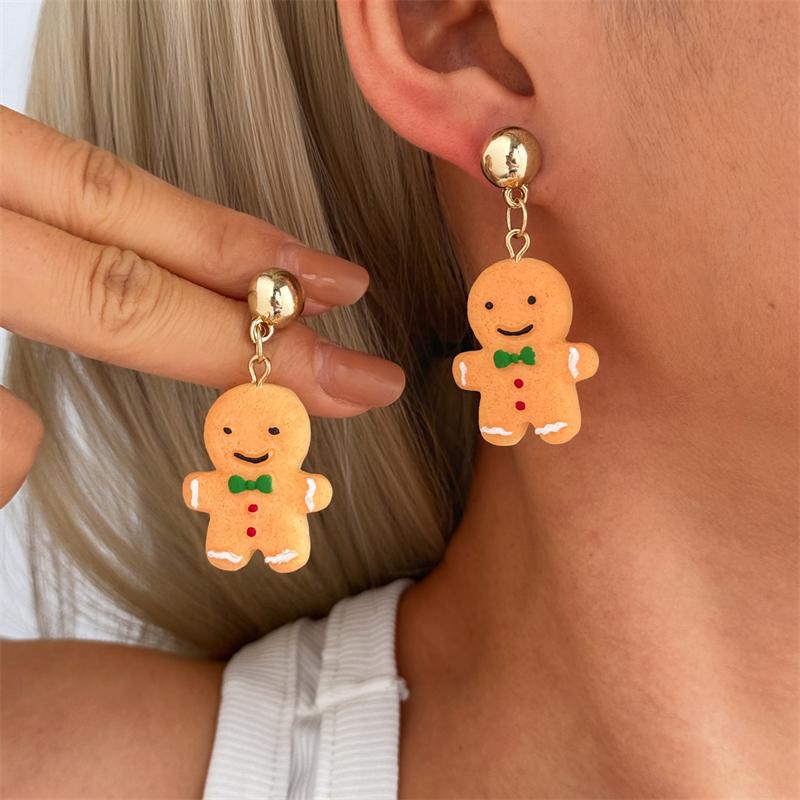 Christmas Cartoon Gingerbread Man Resin Earrings for Women Girls Cute Cookies House Xmas Tree Pendant Earring New Year Jewelry