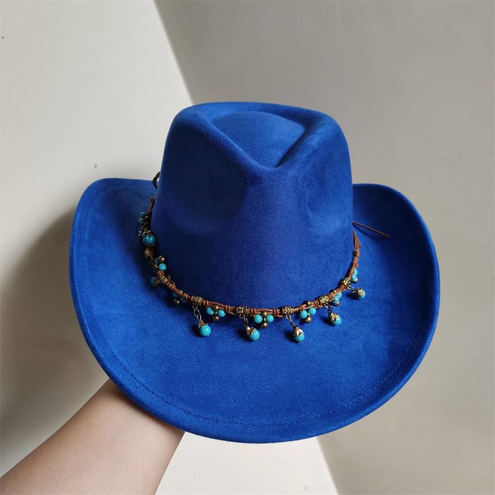 New Blue Suede Hat 7.5Cm Western Cowboy Women'S Fedora Hat Men'S Church Jazz Hat Fashion Travel Party Hat Denim Hat