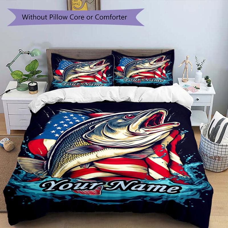 3PC Custom Name American Bass Flag Art Bedding Set Duvet Cover Closure Includes 1 Duvet Cover & 2 Pillowcases for Bedroom
