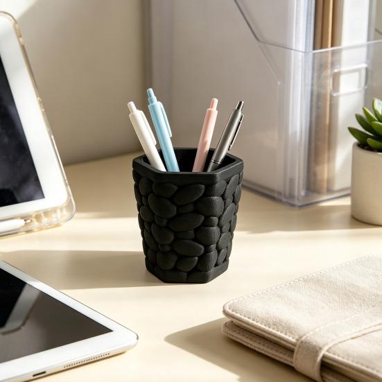 Office Desk Storage Solution Pebble Texture Pen Holder, Hexagonal Desktop Organizer, Stable Anti-Tip 3D Durable Organizer for Study Printed