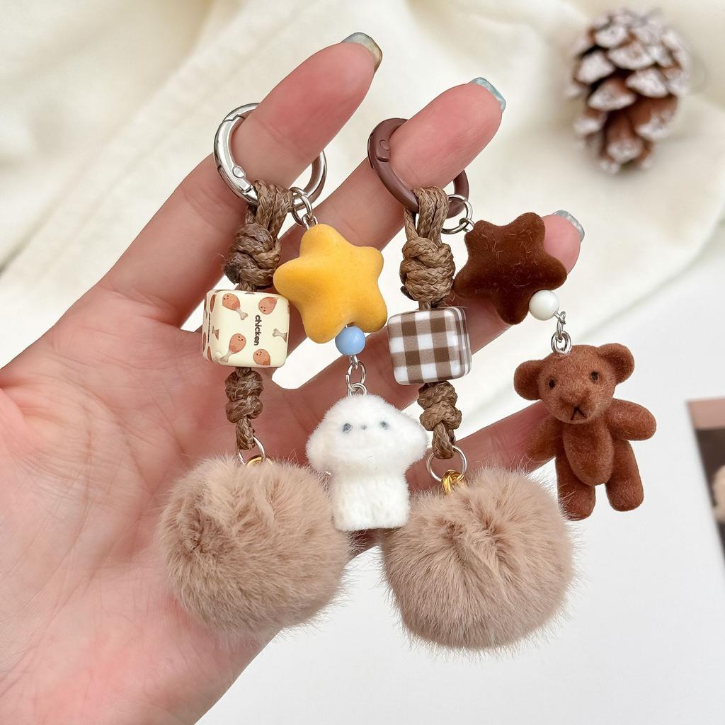 Korean-style Ins Cute Bear Pendant, Flocked Puppy Car Key Pendant, Handmade Braided Rope Pendant, Fur Ball Bag Pendant