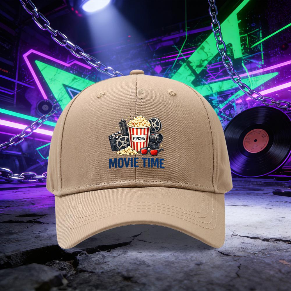 A Baseball Cap Featuring the MOVIE TIME Popcorn Design a Unisex Outdoor Sports Sun Hat Suitable for Couples Available In Mul