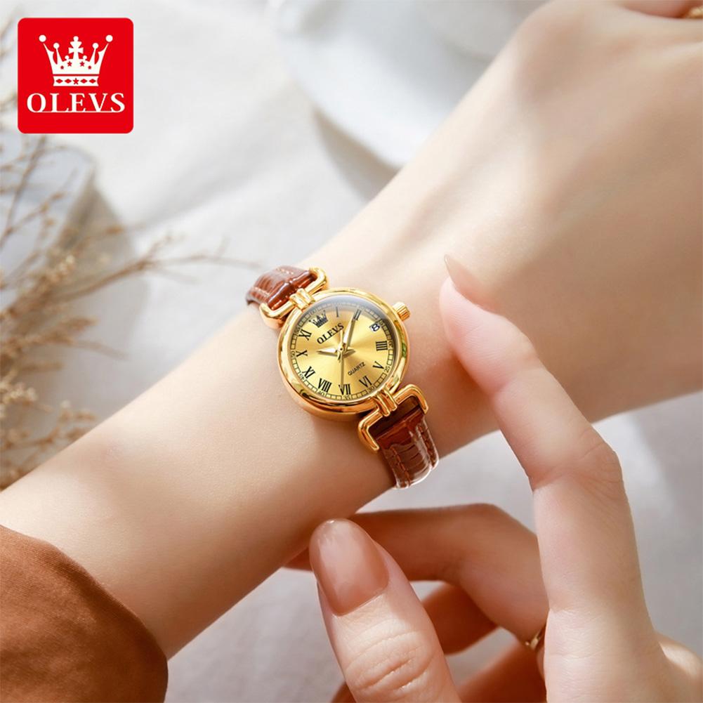 OLEVS Luxury Original Woman Round Watch Brown Small Leather Strap 3ATM Waterproof Date Elegant Quartz Ladies Wristwatch