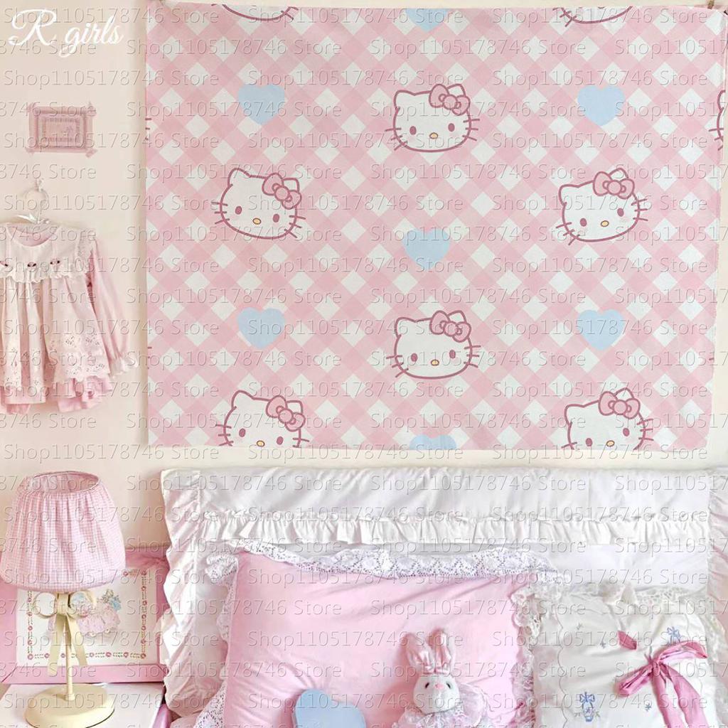 Adorable hello Kitty Pink Heart Tapestry Kawaii Anime Wall Hanging Decoration Girls Heart Printed Tapestry Super Cute Decor