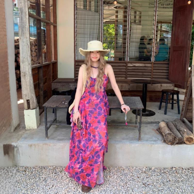 Damen Blumen Taille, Rüschenkante Schlitz Slim-fit Neckholder Kleid Sommer Schlankheitskleid