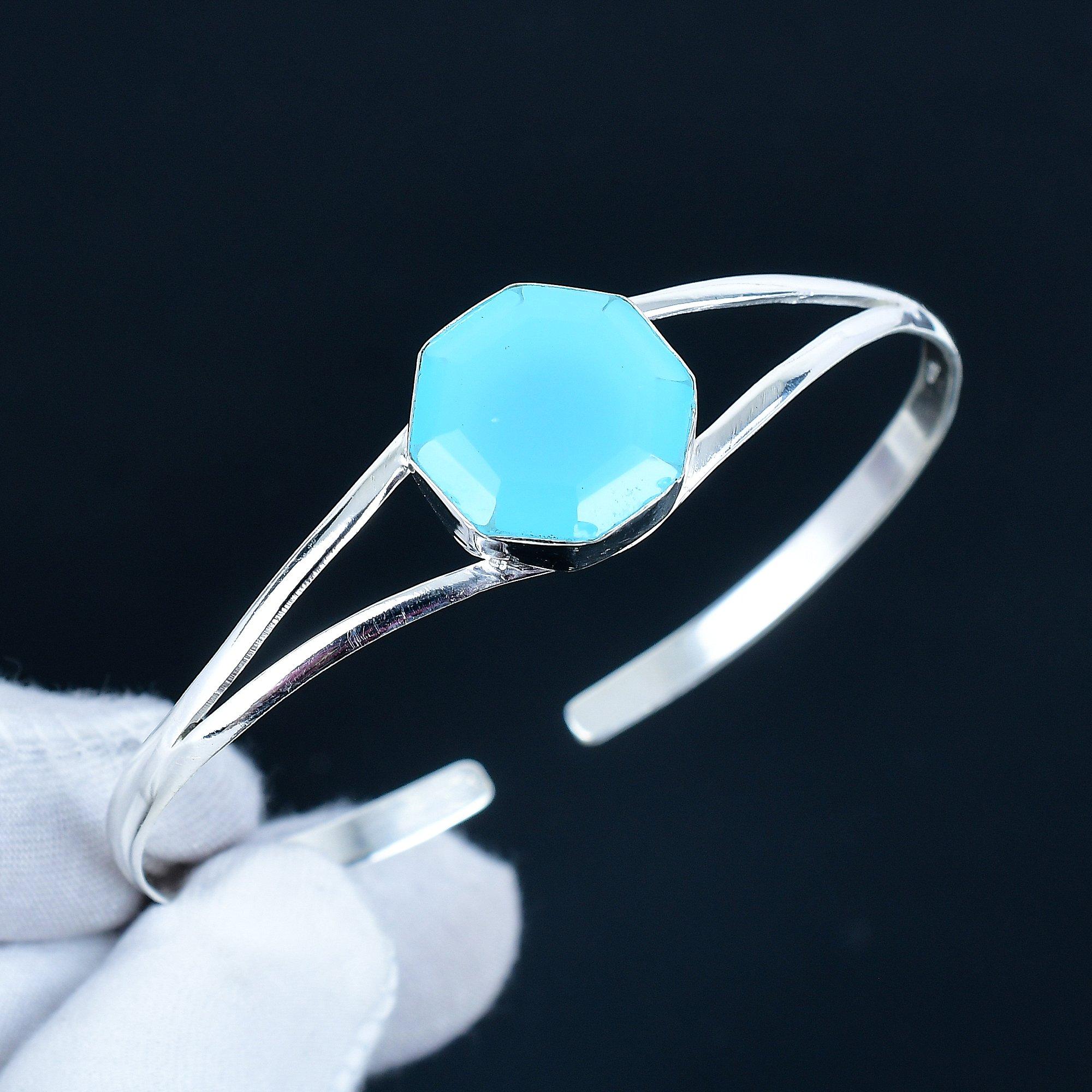 

Голубой Халцедон Шестиугольный Драгоценный Камень Манжета-Браслет Ручной Работы 925 Стерлинговое Серебро Манжета-Браслет, Браслет с Голубым Халцедоном для Жены, Унисекс Браслет 7 синий