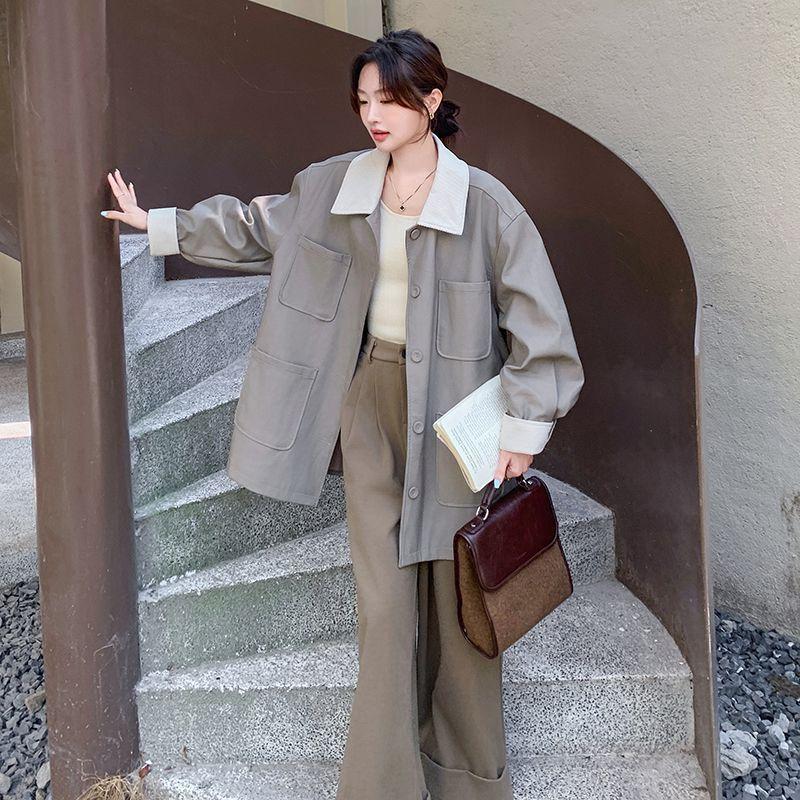 French Casual Corduroy Leather Windbreaker Jacket for Women Autumn New Temperament Age-reducing Top