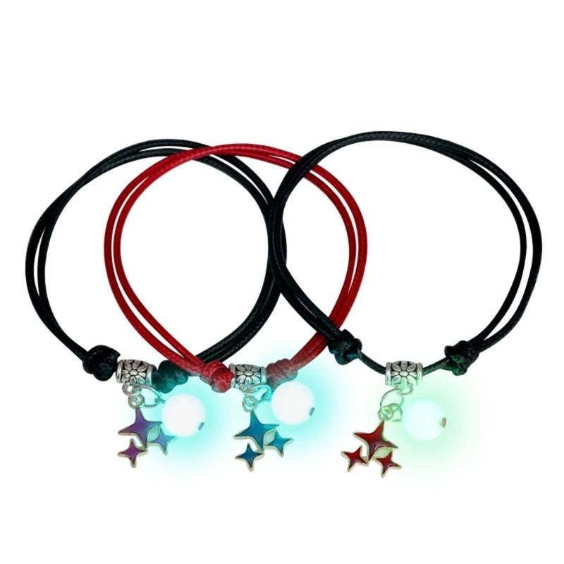 3 Pcs/set Luminous Beads Bracelet Hand-woven Love Star Moon Cat Sisters Novel Luminous Bracelet Adjustable Hand Rope