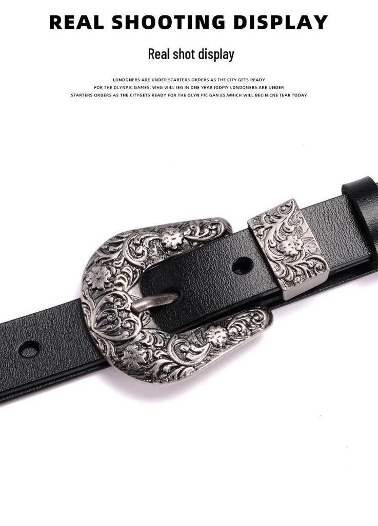 Women's Retro Carved Black Genuine Leather Belt with Pin Buckle