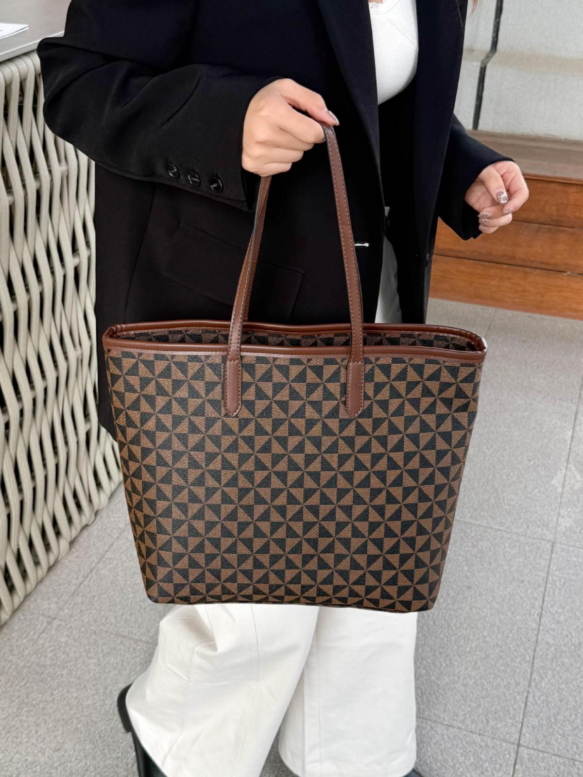 Argyle Print Large Capacity Zipper Tote Bag - Trendy, Stylish, Versatile, and Fashionable Embossed Handbag. 40x29x14 cm