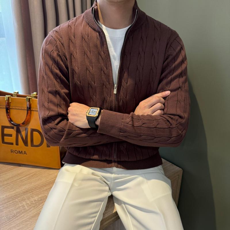 Men's Autumn & Winter Stand-Up Collar Patchwork Cardigan Sweater - Thick Cotton, Solid Color Knitwear