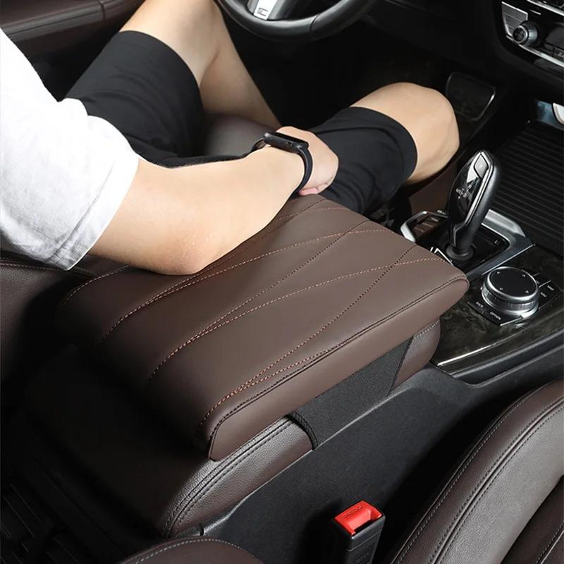 Napa Leather Memory Foam Car Armrest Mat Booster Console Universal Center Cushion Stripe Rhombus Embroider Armrest Seat Box