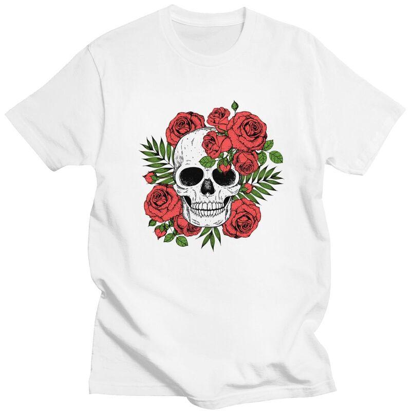Custom Skull Roses Flowers T Shirts Men Short Sleeve Tshirts Streetwear Tee Tops 100 Cotton Slim Fit Tshirts Merch