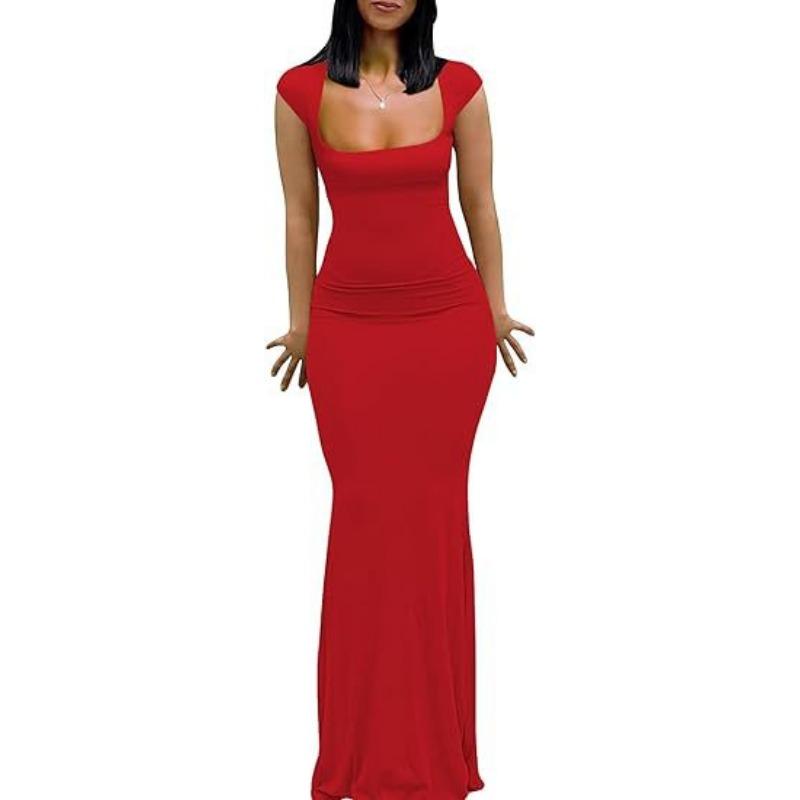 Dámské elegantní neformální večerní šaty dlouhého střihu se čtvercovým límečkem s letním rukávem