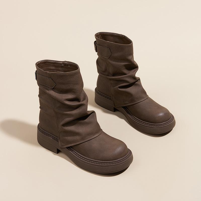

Ретро брюки ботфорты на платформе ботинки Мартин женские 2025 новые ботинки в британском стиле круглый носок толстый каблук короткие ботинки 40 темно-коричневого