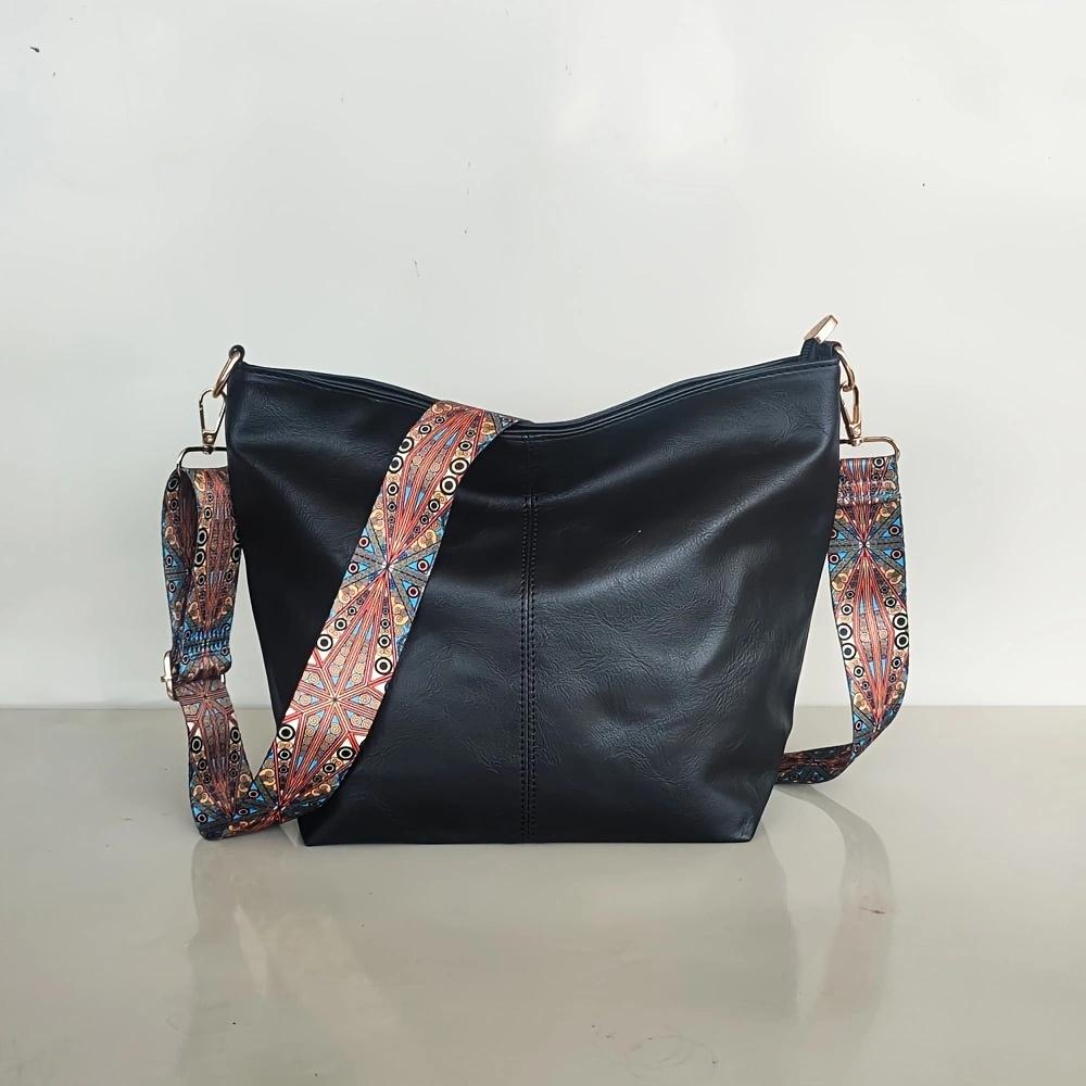 Fashionable wide shoulder strap shoulder bag, retro PU leather women's crossbody bag, casual bucket bag
