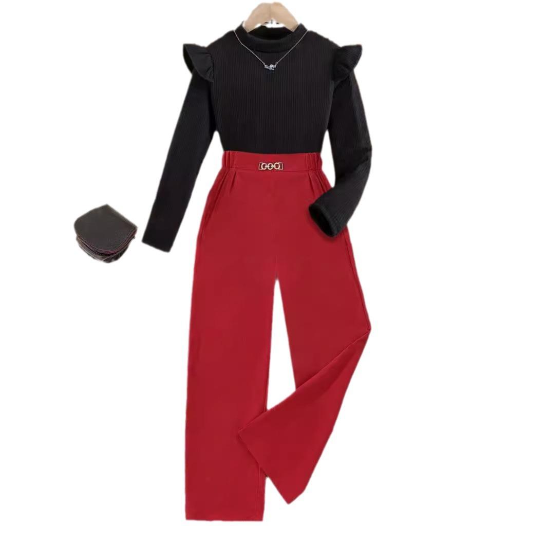

Повседневный модный костюм для девочек, осенний детский черный топ с длинными рукавами, красные прямые брюки, костюм из двух частей 160cm чёрный