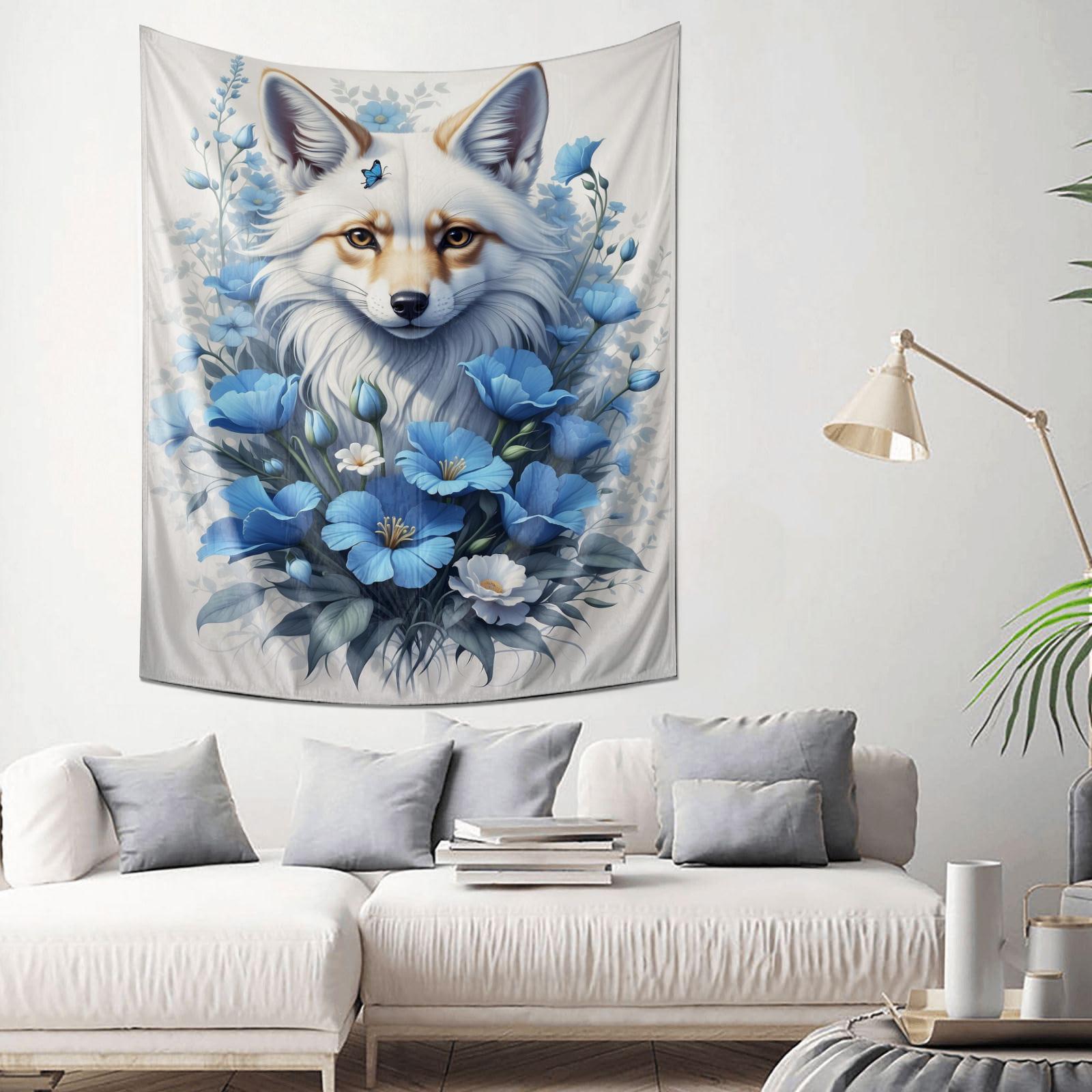 

Dreamy Fox and Blue Flowers Tapestry Elegant Home Decor Cozy Living Room Wall Art 74x94cm(29x37in)