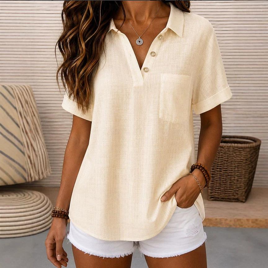 Women's Point Collar Short Sleeve Blouse Regular Fit Minimalist Casual Shirt