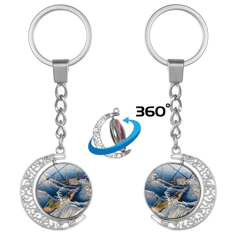Japanese Wave Ukiyo-e Art Double-Sided Rotating Keychain Pendant