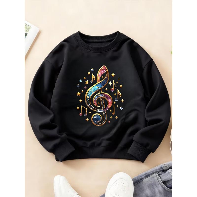Kids Crewneck Long Sleeve Sweatshirt, Dreamy Gradient Treble Clef Notes & Starlight Print, Sporty Top 110 чёрный