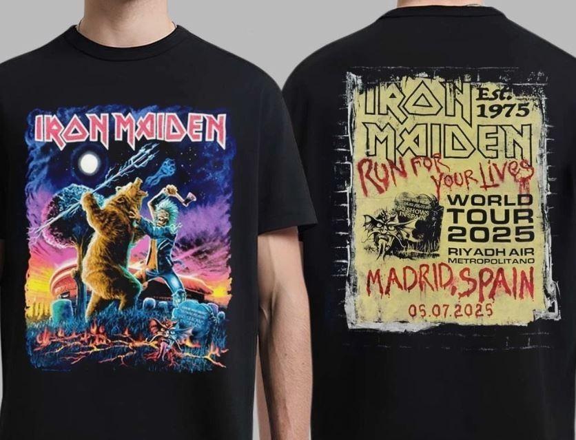 

Iron Maiden Мадрид Испания Run For Your Lives Мировой тур 2025 Эксклюзивная футболка для мероприятия 2XL