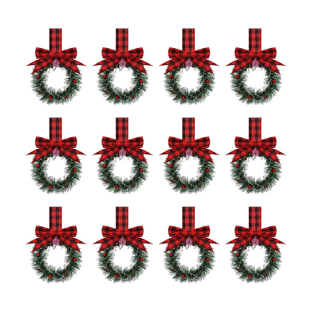 Christmas Kitchen Cabinet Wreaths With Plaid Bow Ribbon Hanging Cabinet Doors Wreaths Decorative For Kitchen Window Outdoor Indoor Holiday Decor